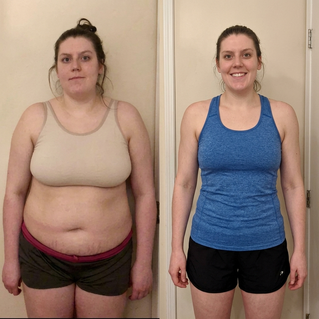 Sarah K. before and after weight loss transformation